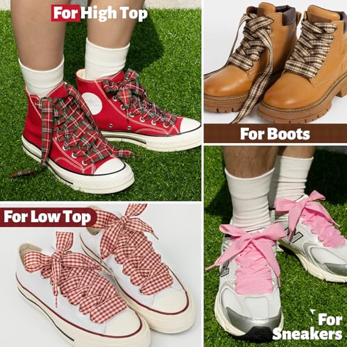 Puzeam 2 Pairs Fancy Ribbon Shoe Laces for Sneakers 1" Wide Flat Checkered Shoelaces for Boots Gingham Lace shoelaces for Women (H-Beige and Brown, 55 Inches) - Image 5
