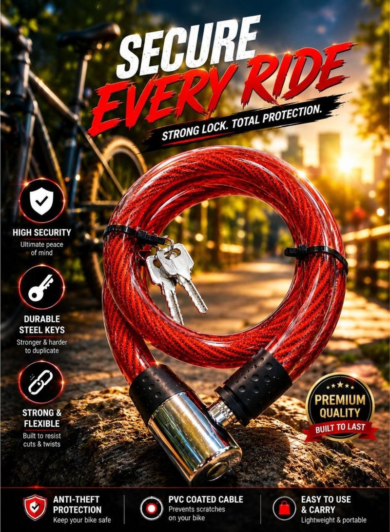 Heavy Duty Bicycle Cable Lock with 2 Keys – Anti-Theft PVC Coated Steel Security Lock for Bike, Motorcycle, Scooter & Outdoor Use – Strong Flexible Portable Cycle Lock (Red)