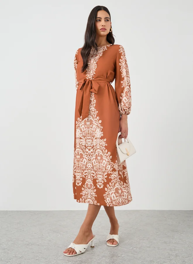 تايك تو Take Two Floral Print Tie Waist Round Neck Long Sleeve Maxi Dress