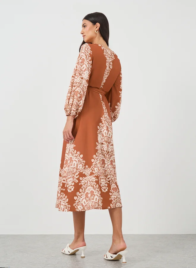 Take Two Take Two Floral Print Tie Waist Round Neck Long Sleeve Maxi Dress