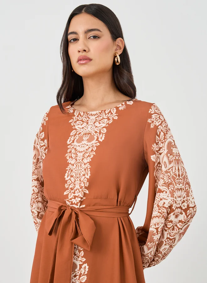 Take Two Take Two Floral Print Tie Waist Round Neck Long Sleeve Maxi Dress