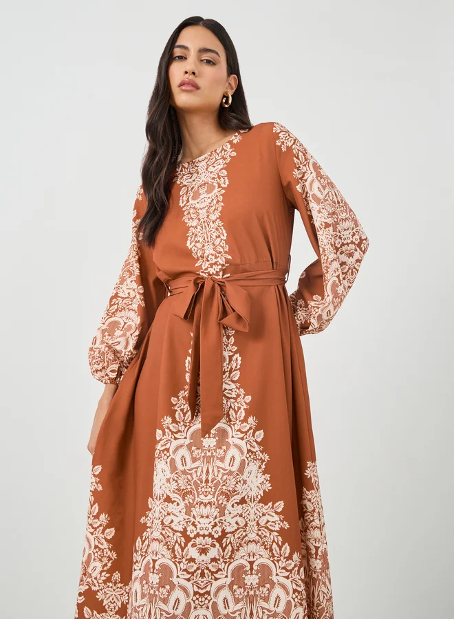 Take Two Take Two Floral Print Tie Waist Round Neck Long Sleeve Maxi Dress
