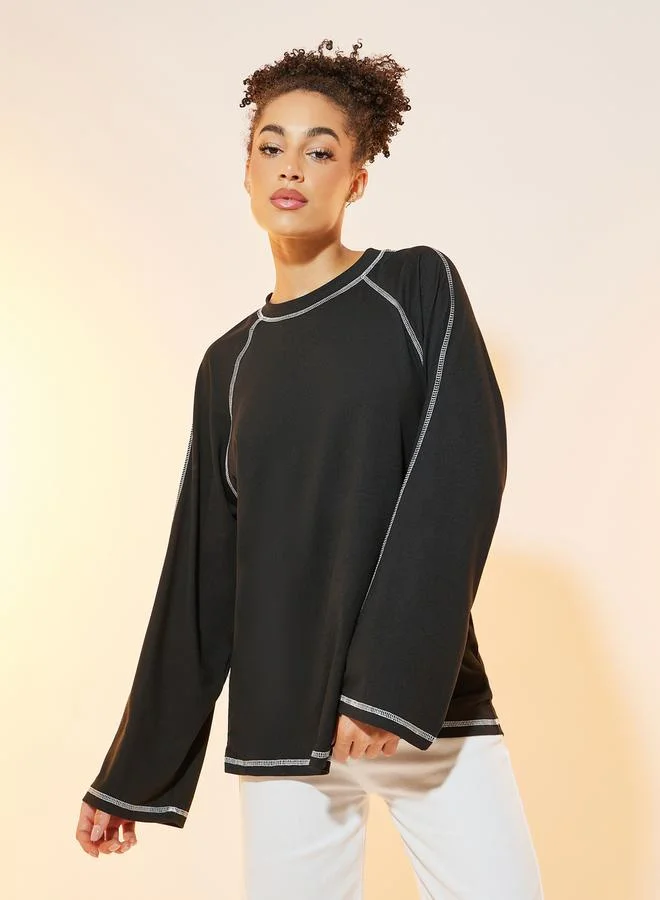 Take Two Contrast Top Stitching Raglan Sleeve T-Shirt