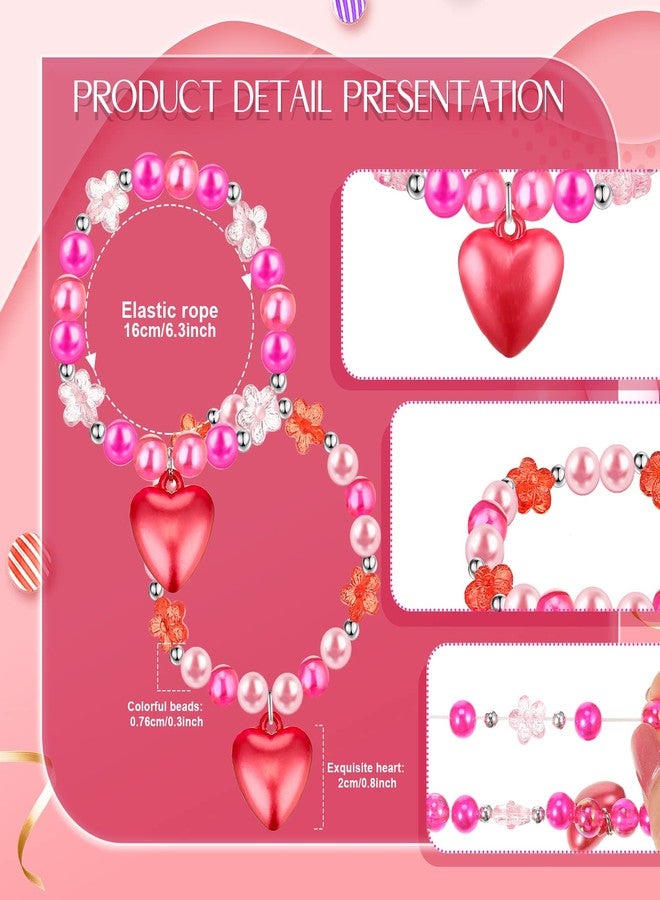Mtlee 6 Pcs Valentine Day Girls Beaded Bracelets Cute Chunky Bubblegum Bracelets Heart Pendant Crystal Beaded Bracelet for Birthday Photo Props Costume Party Favors, Pink and Red - Image 2