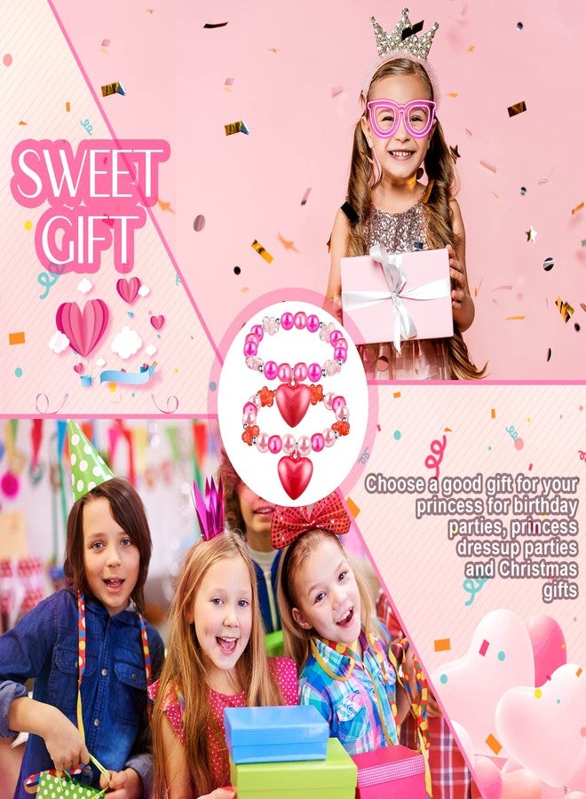 Mtlee 6 Pcs Valentine Day Girls Beaded Bracelets Cute Chunky Bubblegum Bracelets Heart Pendant Crystal Beaded Bracelet for Birthday Photo Props Costume Party Favors, Pink and Red - Image 4