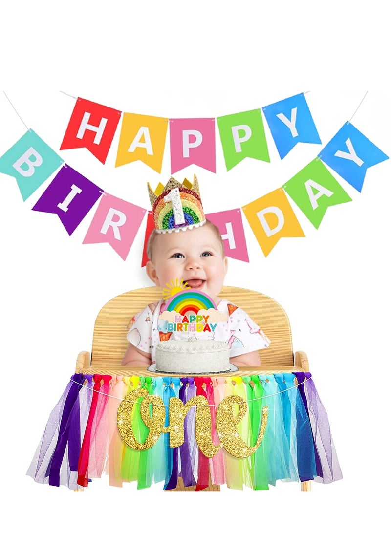 Rainbow High Chair Decoration Set for 1st Birthday, Includes Tutu Skirt, Happy Birthday Pennant Banner, Crown Hat, and Cake Topper - Perfect for Rainbow-Themed Celebrations!  - Image 1