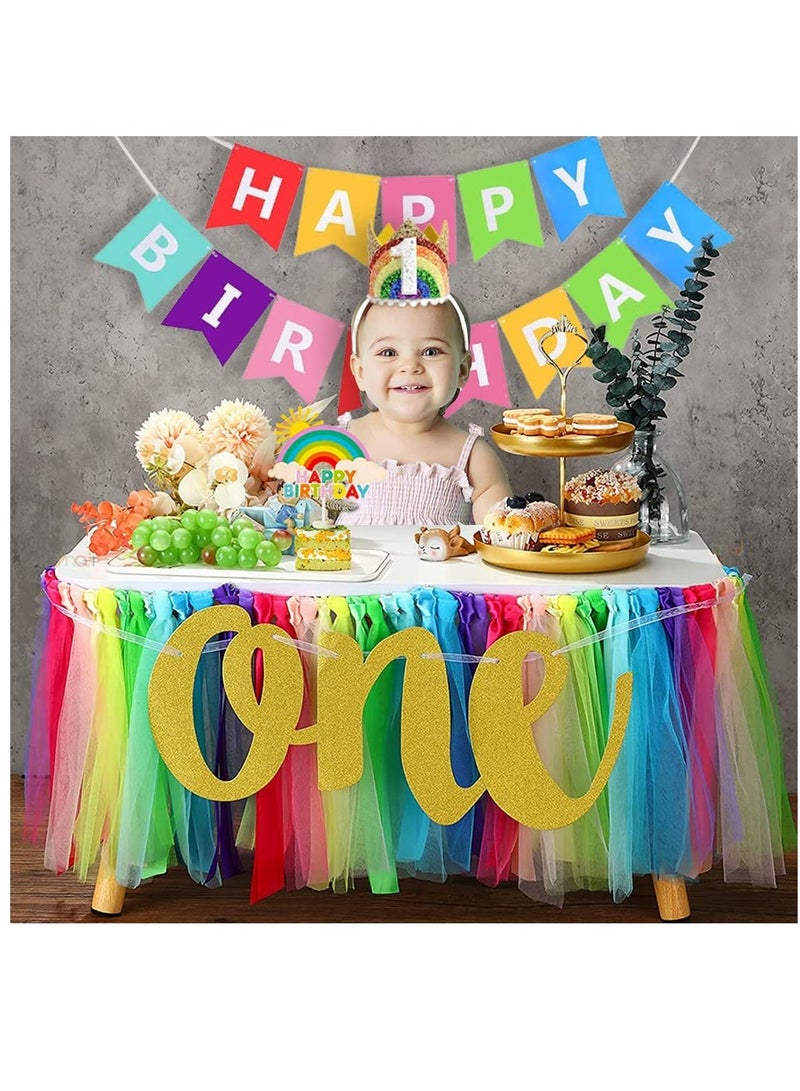 Rainbow High Chair Decoration Set for 1st Birthday, Includes Tutu Skirt, Happy Birthday Pennant Banner, Crown Hat, and Cake Topper - Perfect for Rainbow-Themed Celebrations!  - Image 2