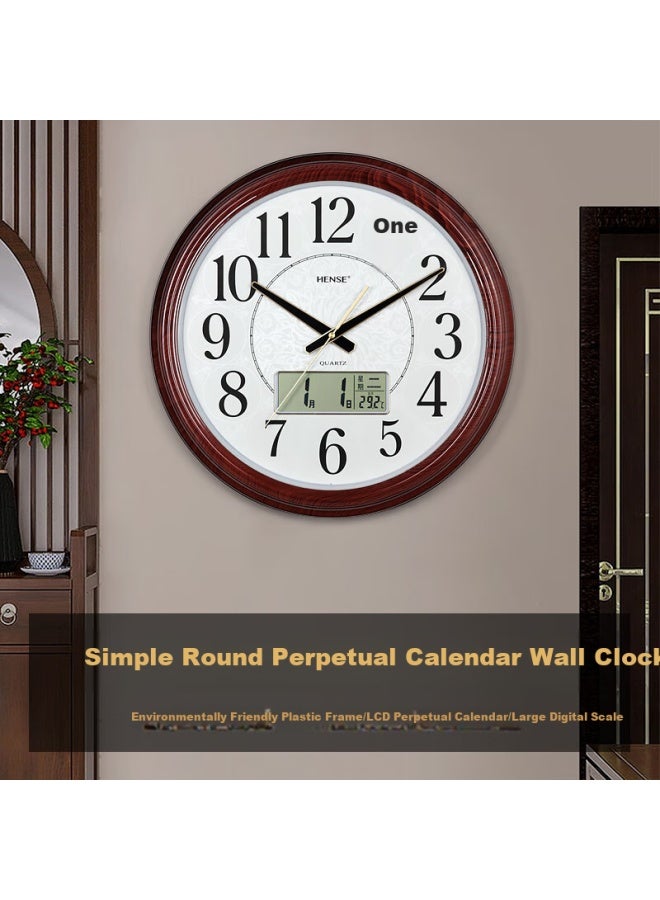Hense Living Room Wall Clock Imitation Wood Creative Clock Simple Hanging Clock Temperature Display Quartz Clock Hw41 Calendar 42.5cm - Image 1