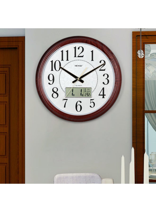 Hense Living Room Wall Clock Imitation Wood Creative Clock Simple Hanging Clock Temperature Display Quartz Clock Hw41 Calendar 42.5cm - Image 3