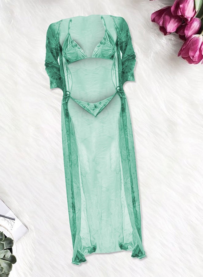 MARGOUN Large Size Three-piece Digital Printing Bikini Ladies Beach Sunscreen Blouse Swimsuit Long Lace Dress Sheer Dress Sheer Kimono Dress Cyan / L (Lower Bust 74/Waist 74-78)  - Image 1