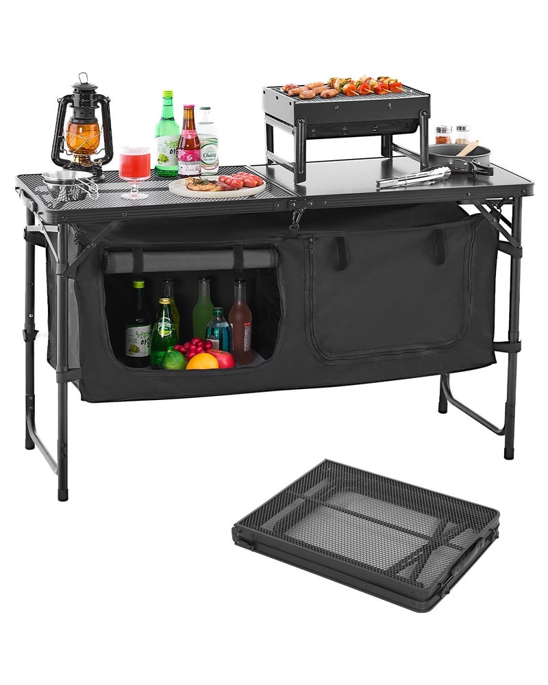 VEVOR Camping Kitchen Table, Folding Outdoor Cooking Table, 3 Adjustable Heights, Aluminum Lightweight Portable Cook Station with Storage Organizer, Carry Handle, for BBQ Party Picnic RV Travel, Black - Image 1
