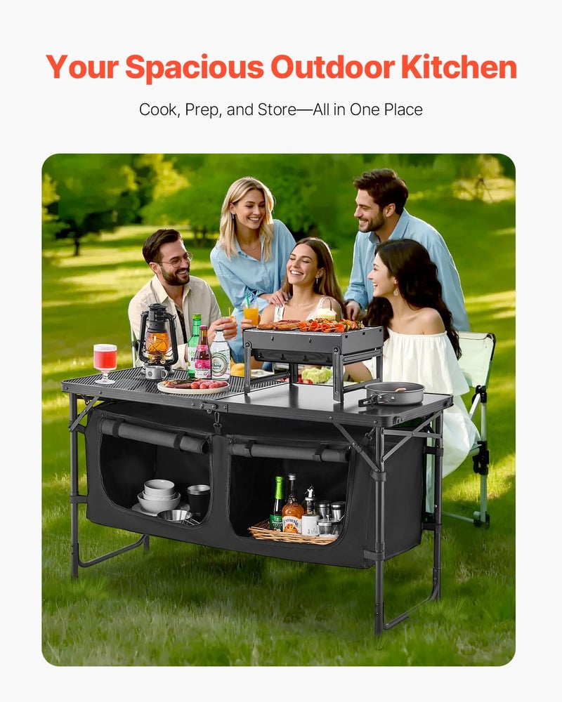 VEVOR Camping Kitchen Table, Folding Outdoor Cooking Table, 3 Adjustable Heights, Aluminum Lightweight Portable Cook Station with Storage Organizer, Carry Handle, for BBQ Party Picnic RV Travel, Black - Image 2