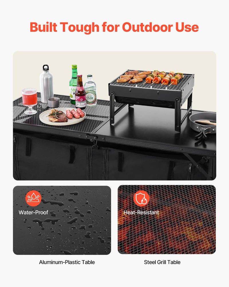 VEVOR Camping Kitchen Table, Folding Outdoor Cooking Table, 3 Adjustable Heights, Aluminum Lightweight Portable Cook Station with Storage Organizer, Carry Handle, for BBQ Party Picnic RV Travel, Black - Image 3