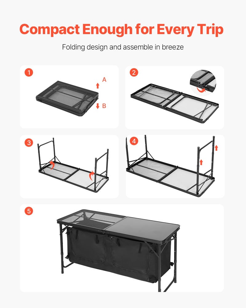 VEVOR Camping Kitchen Table, Folding Outdoor Cooking Table, 3 Adjustable Heights, Aluminum Lightweight Portable Cook Station with Storage Organizer, Carry Handle, for BBQ Party Picnic RV Travel, Black - Image 5