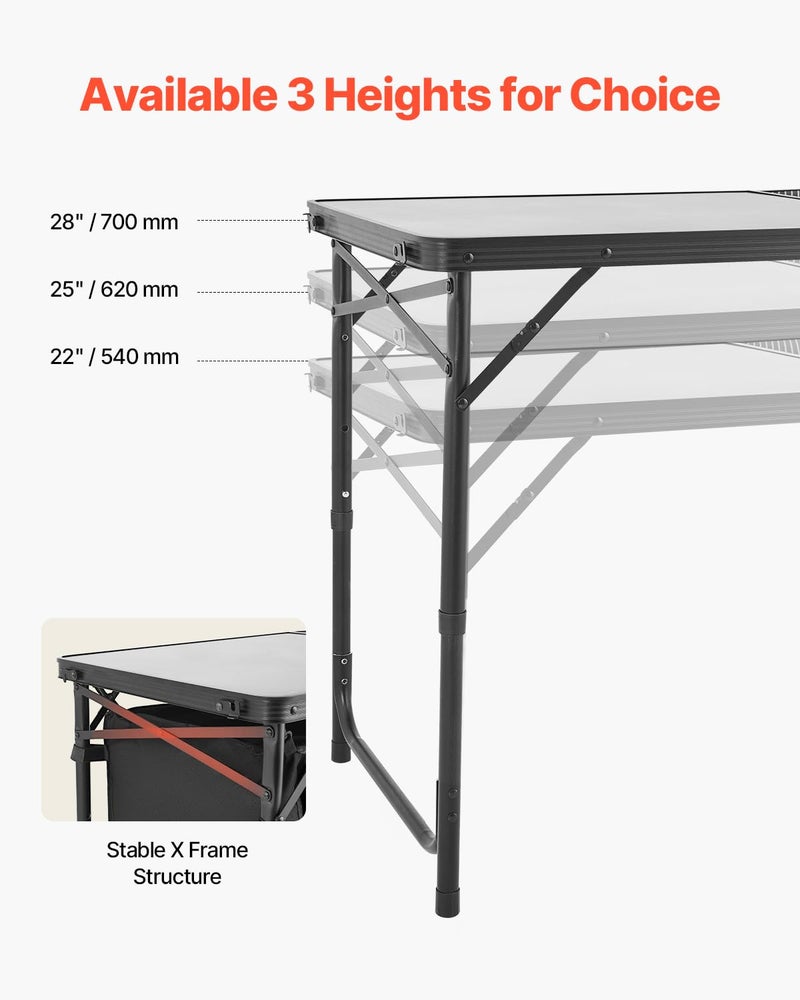 VEVOR Camping Kitchen Table, Folding Outdoor Cooking Table, 3 Adjustable Heights, Aluminum Lightweight Portable Cook Station with Storage Organizer, Carry Handle, for BBQ Party Picnic RV Travel, Black - Image 4