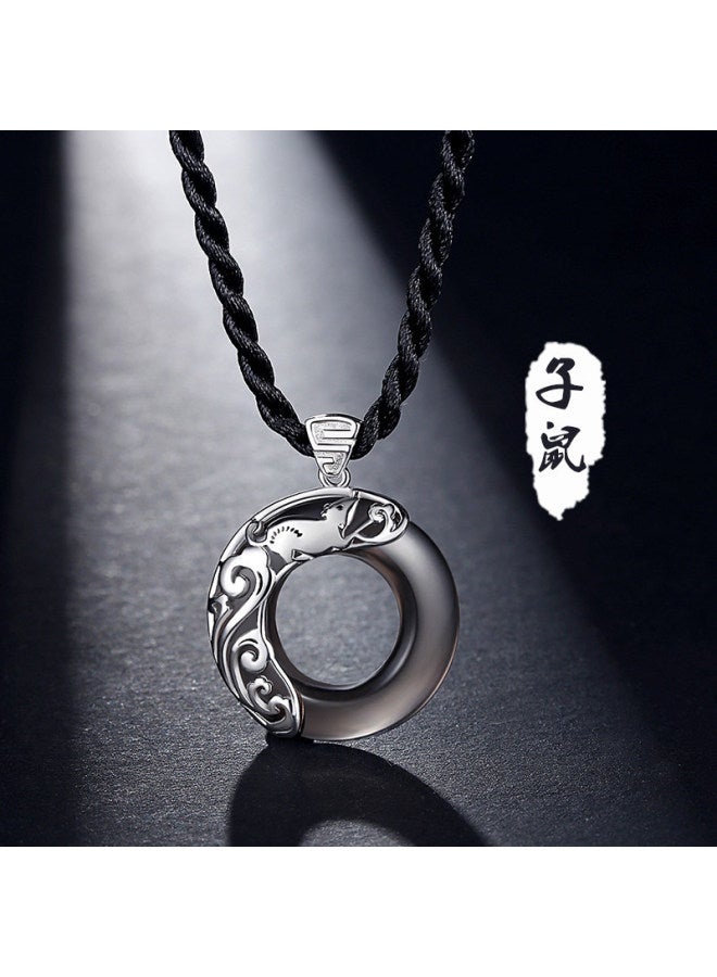 Sterling Silver Necklace Men's Trendy Obsidian Safety Buckle Boys Pendant Engraved Pendant Valentine's Day Gift For Boyfriend
