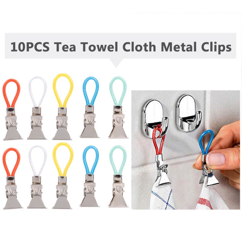 Tea Towel Clip 10-Piece Multicolor Anti-Rust Stainless Steel - Strong Profiled Teeth Towel Clip for Kitchen Cloth Hanging, Bag Sealing - Image 1