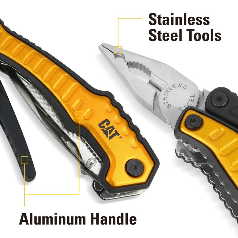 Caterpillar Multi Function Tool 9-in-1, X-Large, Long Nose Pliers, Wire Cutter, Knife, Bottle Opener, Screwdriver, Saw Blade, with Pouch - Yellow 980045 - Image 4