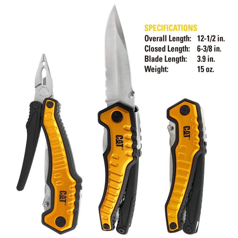 Caterpillar Multi Function Tool 9-in-1, X-Large, Long Nose Pliers, Wire Cutter, Knife, Bottle Opener, Screwdriver, Saw Blade, with Pouch - Yellow 980045 - Image 3