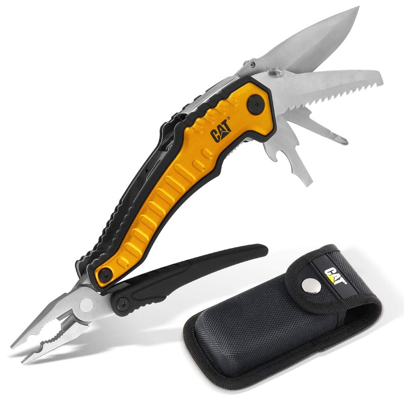 Caterpillar Multi Function Tool 9-in-1, X-Large, Long Nose Pliers, Wire Cutter, Knife, Bottle Opener, Screwdriver, Saw Blade, with Pouch - Yellow 980045 - Image 1