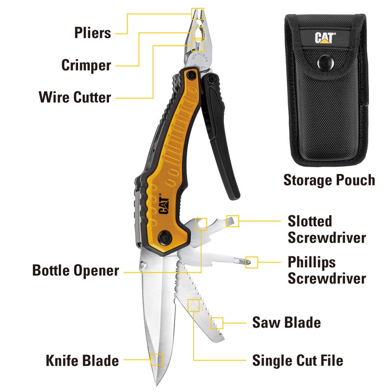 Caterpillar Multi Function Tool 9-in-1, X-Large, Long Nose Pliers, Wire Cutter, Knife, Bottle Opener, Screwdriver, Saw Blade, with Pouch - Yellow 980045 - Image 2