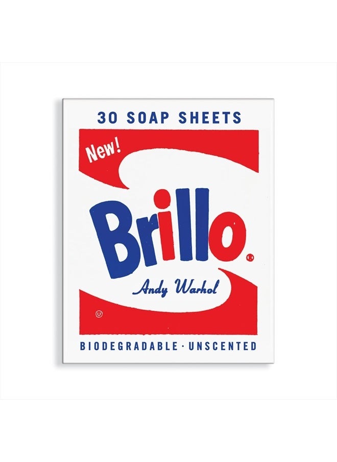 Galison Andy Warhol Brillo Soap Sheets, 1 Package (30 Unscented Sheets) – Convenient Biodegradable Hand Soap Sheets for On-the-Go – Features Iconic Pop Art Design – Pack Measures 2.65” x 3.25” x 0.2”  - Image 1