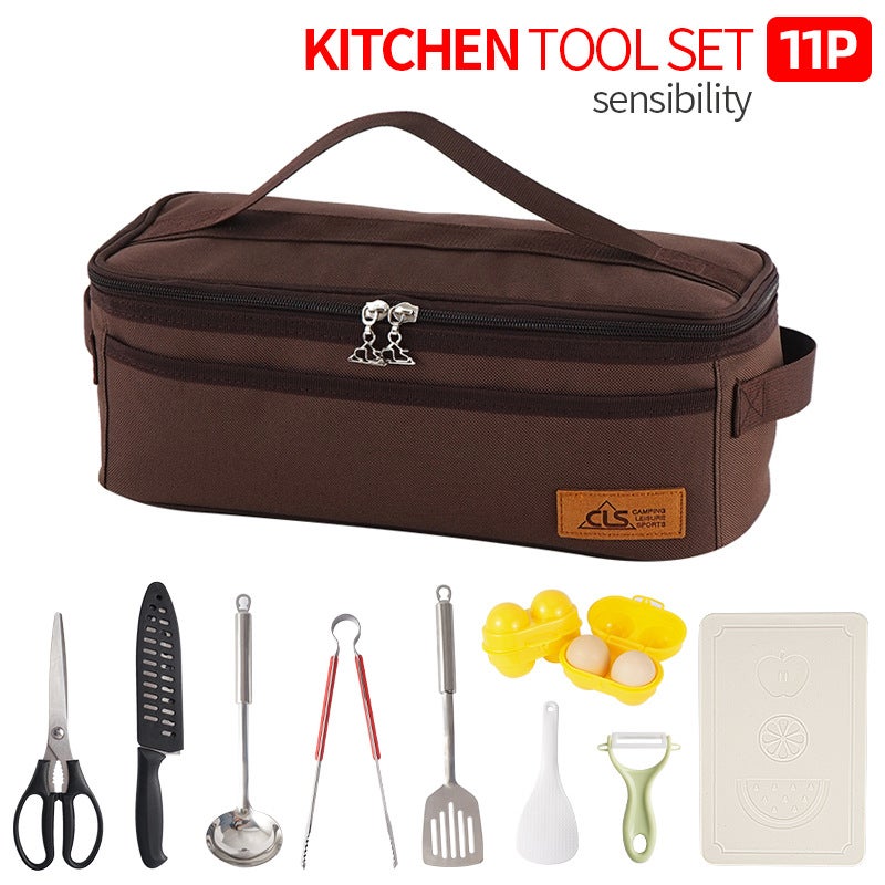 Generic Outdoor camping cooking utensils set picnic barbecue self-driving travel kitchen tools dormitory mini 11 piece kitchenware combination Coffee color set of 11