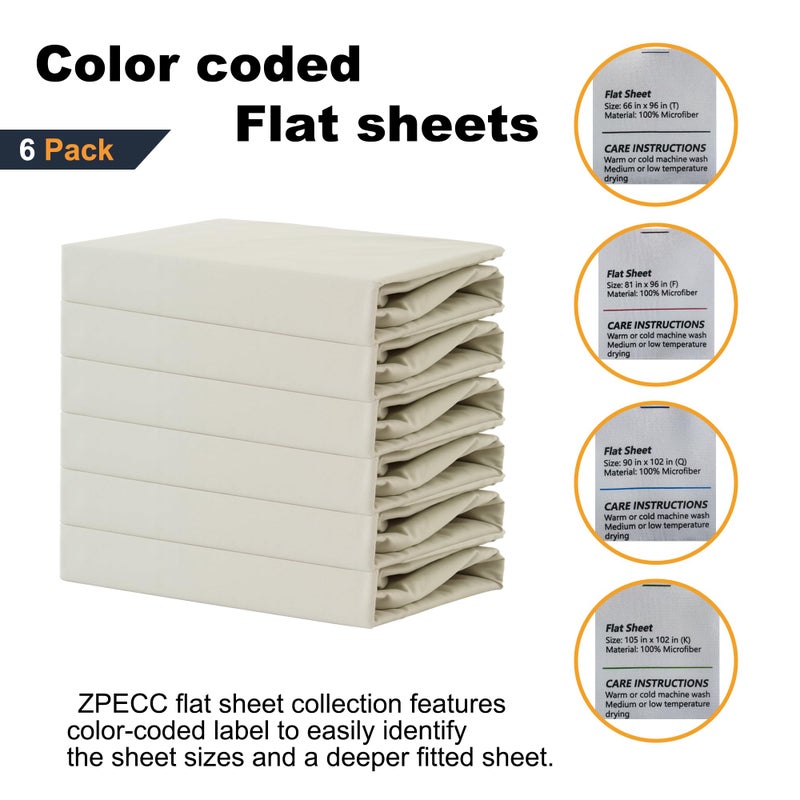 ZPECC Bulk Flat Sheets Only Queen Size 6 Pack  Easy Sort Top Bed Sheet by Color-Coded Hem Threads  Soft Durable Brushed Microfiber Fabric Hotel Airb&bs Essentials for Hosts  90 ""x102 ""  Beige - Image 4