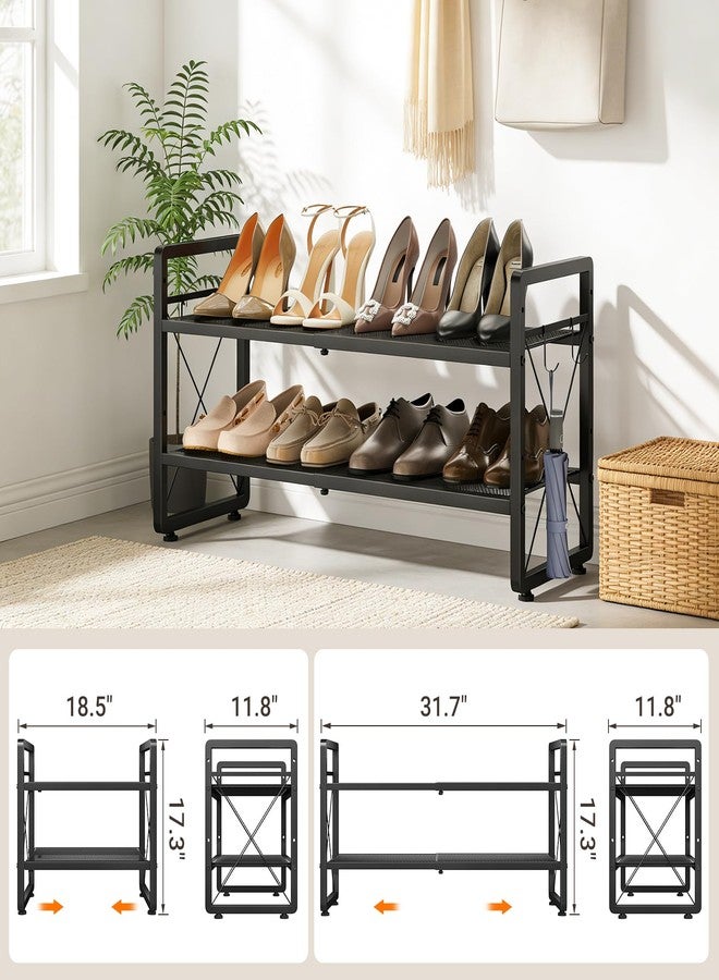 ELYKEN Shoe Rack, 2-Tier Expandable Shoe Organizer for Entryway, Metal Black Shoe Shelf with 4 Hooks, Ajustable Shoe Stand Holder for Closet, Garage, Door Entrance - Image 3