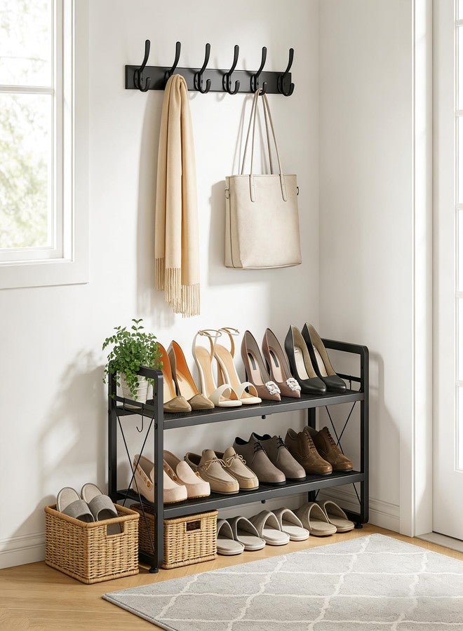 ELYKEN Shoe Rack, 2-Tier Expandable Shoe Organizer for Entryway, Metal Black Shoe Shelf with 4 Hooks, Ajustable Shoe Stand Holder for Closet, Garage, Door Entrance - Image 2