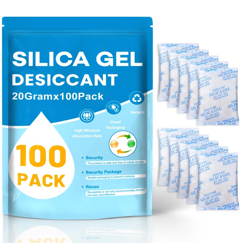 VOISEN 20 Gram 100 Pcs Color-Indicating Silica Gel Packets, Premium Food Grade Desiccant, Transparent Desiccant, Desiccant Packets for Storage, Premium Desiccant Packs for Food, Electronics, Closet - Image 1