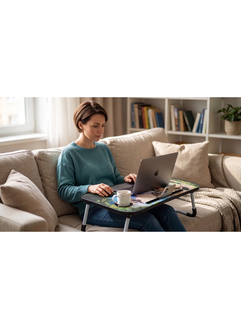 ترابيزة لابتوب وسرير خشبية قابلة للطي بتصميم كرتوني (بطل خارق) مع حامل أكواب ومكان للتابلت - Image 3
