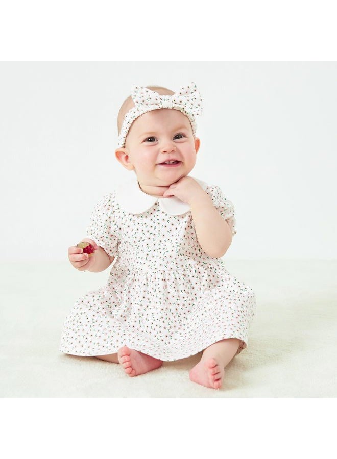 PureBorn Baby Girls Dress Long Sleeve Cotton Dresses with Bloomer Playwear Dress with Headband Cream Floral 3-6 Months - Image 3