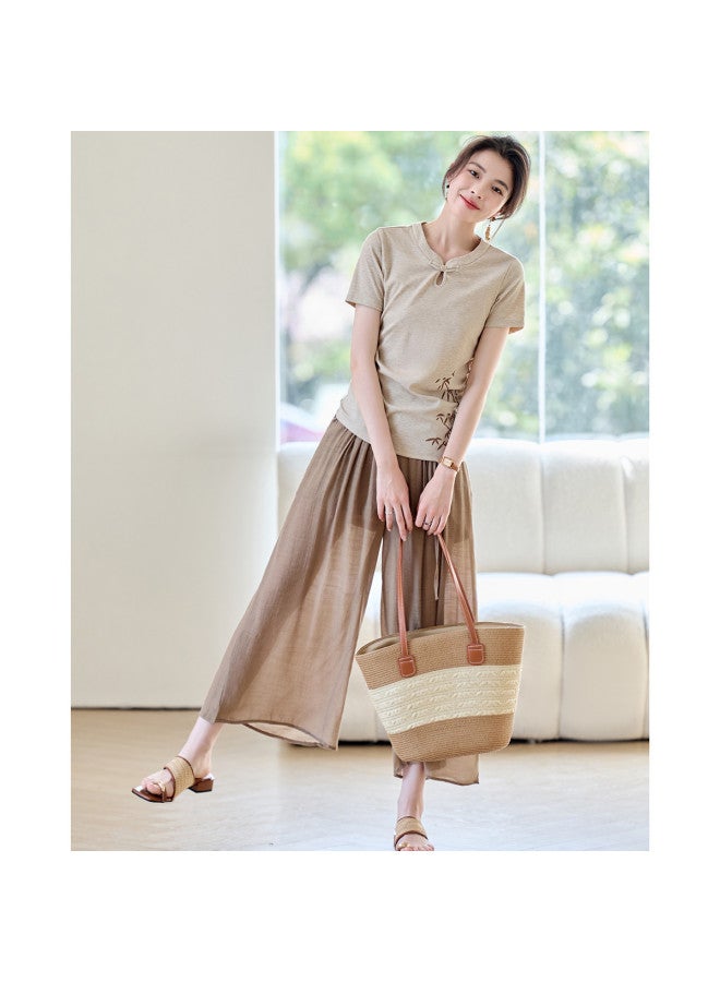Tucano Summer Round Neck Short Sleeve Printed T-Shirt With Elastic Waist Wide Leg Pants Two-Piece Set For Women - Image 4