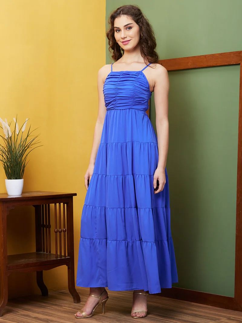 globus Women Smocked Tiered Fit & Flare Maxi Party Dress