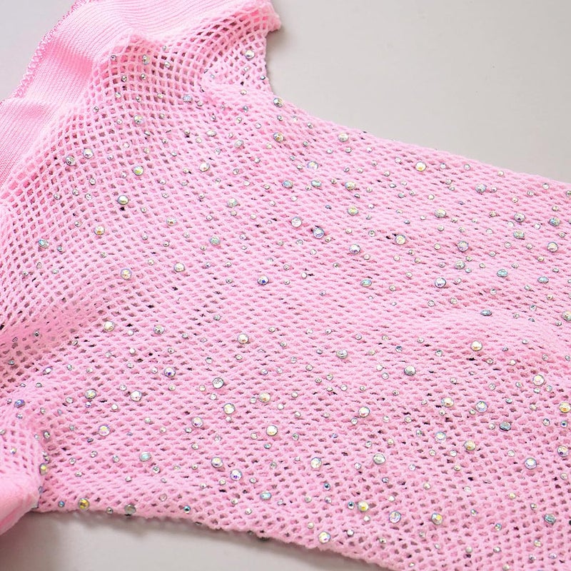 MESU Women Sparkly Rhinestone Fishnets Stockings High Waist Pantyhose Tights Pink - Image 4