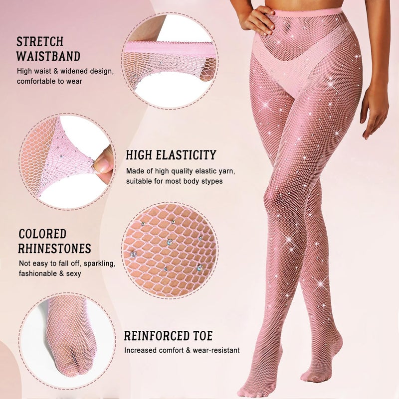 MESU Women Sparkly Rhinestone Fishnets Stockings High Waist Pantyhose Tights Pink - Image 5