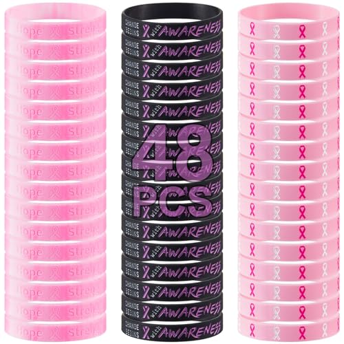 Biubee 48Pcs Breast Cancer Awareness Accessories Bracelets - Pink Ribbon Silicone Courage Wristbands for Breast Cancer Awareness Party Supplies Favors Women Survivor Gifts - Image 1