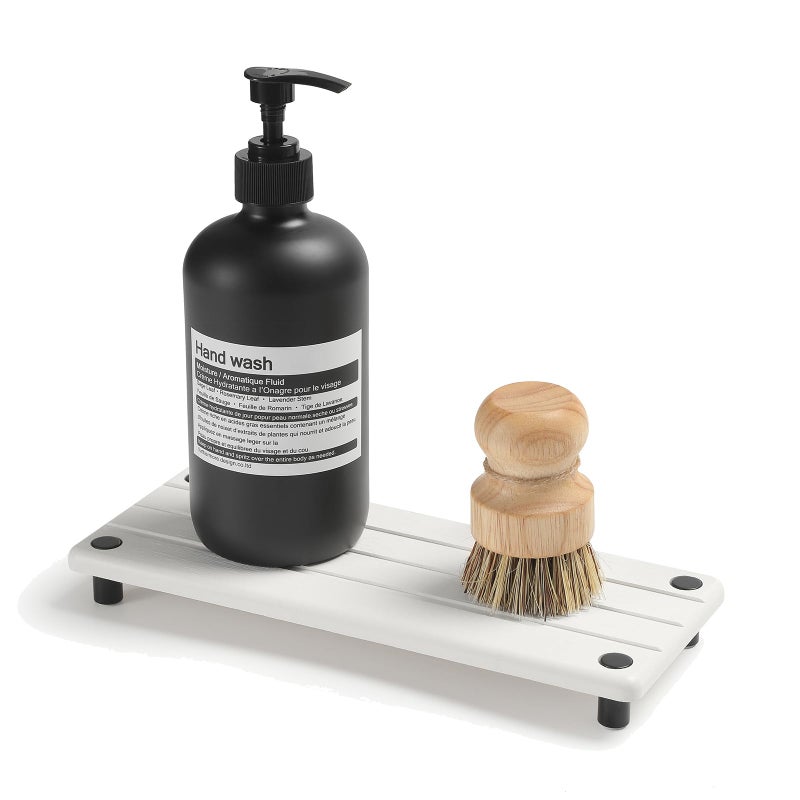 Razborci Instant Dry Sink Caddy Kitchen Sink Organizer, Quick Drying Diatomaceous Earth Stone Sink Tray Sponge Holder Soap Dish, Bathroom Countertop Vanity Dispenser Toothbrush Bottle, White, 10" x 4" - Image 1