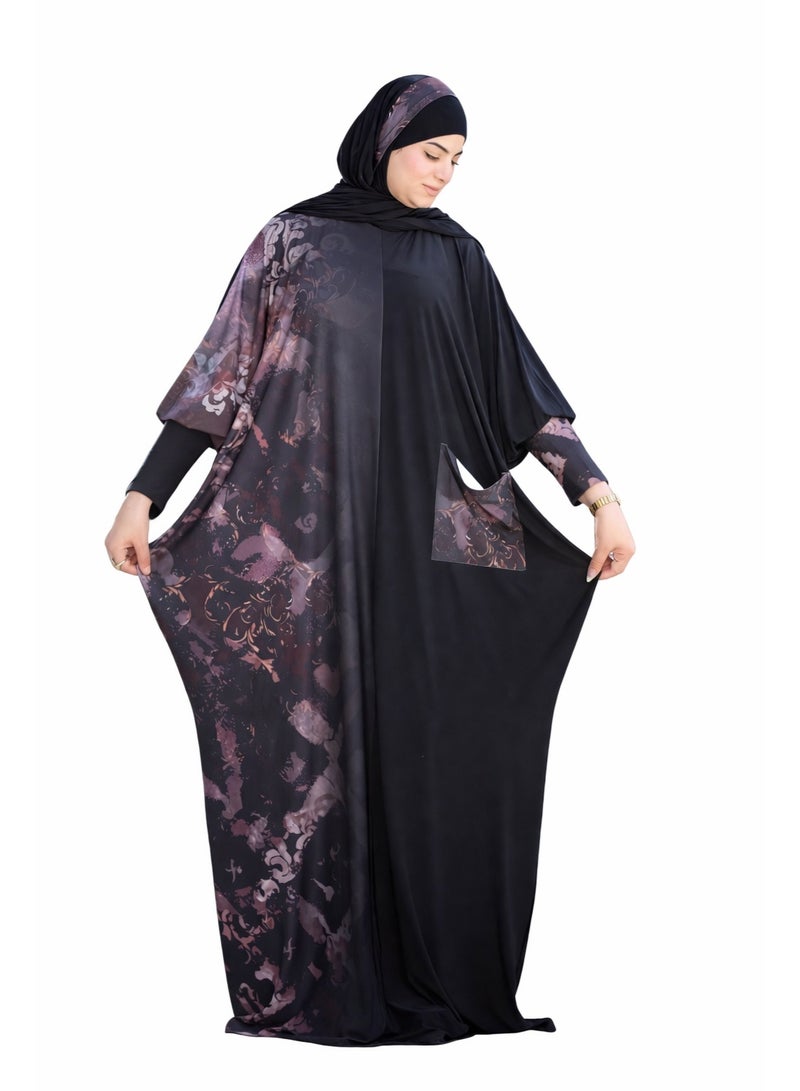 SATR HIJABI Women Printed Isdal Prayer Set – Full Coverage 2-Piece Prayer Outfit with Pocket, Soft Modest Islamic Wear Black & Pattern Design - Image 1