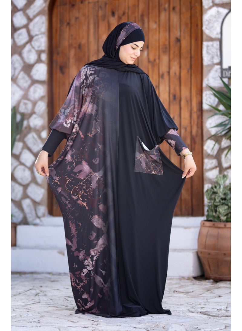 SATR HIJABI Women Printed Isdal Prayer Set – Full Coverage 2-Piece Prayer Outfit with Pocket, Soft Modest Islamic Wear Black & Pattern Design - Image 3