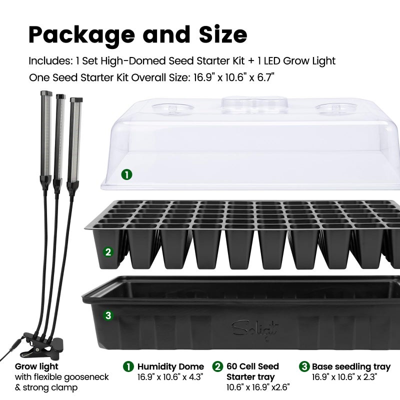 SOLIGT 60 Cell Seed Starter Trays with Grow Light, Seed Starter Kit with 4.3â€œ Higher Humidity Domes, Full Spectrum Seedling Light with 8/12/18H Timer for Seed Starting, Seedling Growing - Image 4