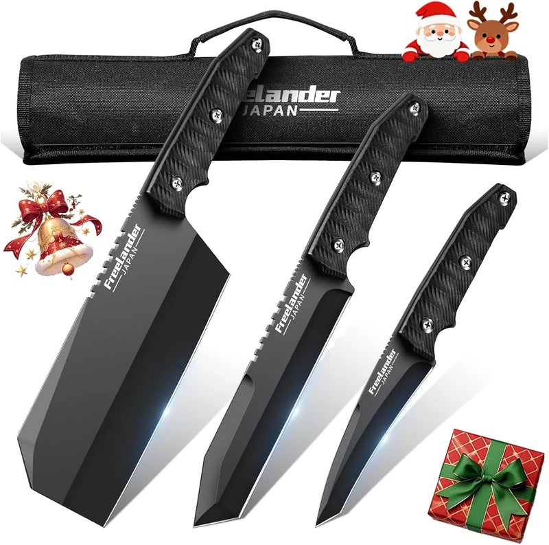 Freelander 3PCS Butcher Knife Set for Meat Cutting, Sharp Chef Knife Set Dishwasher Safe with Roll Bag, Full Tang BBQ Knifes with Leather Sheath, Christmas Gifts for Men Women - Image 1