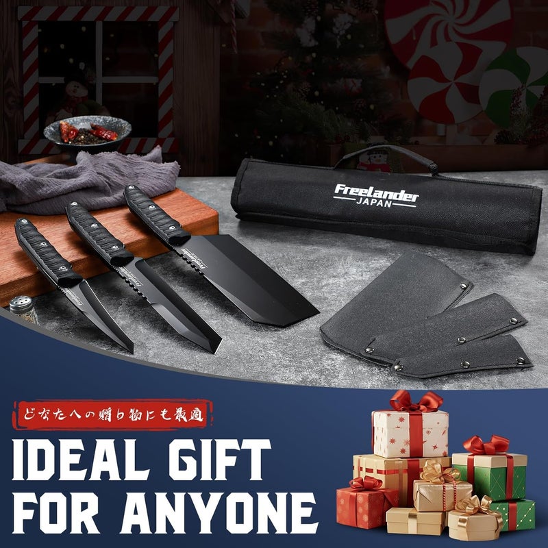 Freelander 3PCS Butcher Knife Set for Meat Cutting, Sharp Chef Knife Set Dishwasher Safe with Roll Bag, Full Tang BBQ Knifes with Leather Sheath, Christmas Gifts for Men Women - Image 2