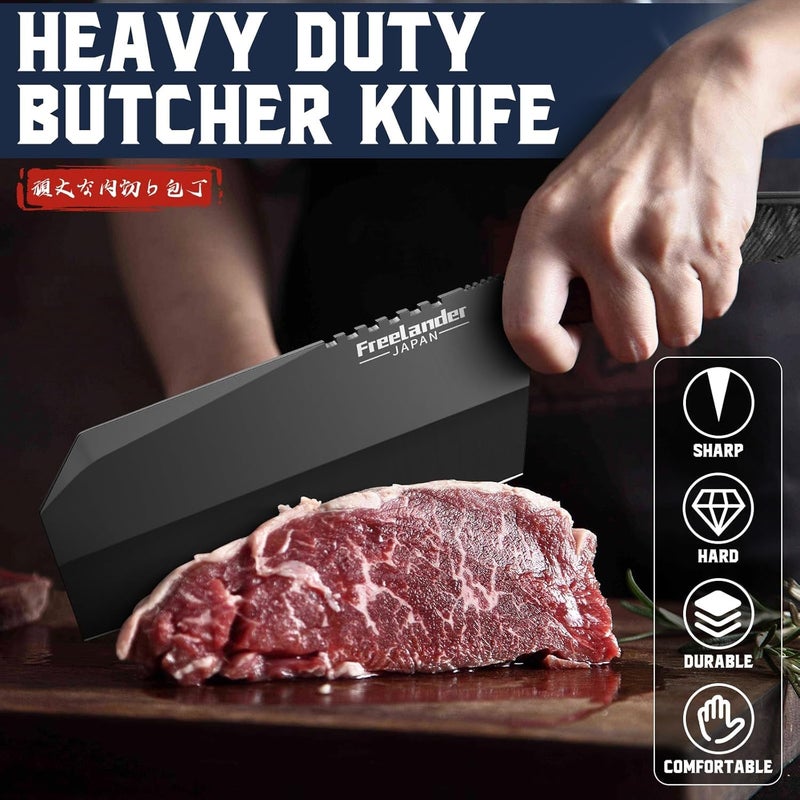 Freelander 3PCS Butcher Knife Set for Meat Cutting, Sharp Chef Knife Set Dishwasher Safe with Roll Bag, Full Tang BBQ Knifes with Leather Sheath, Christmas Gifts for Men Women - Image 3