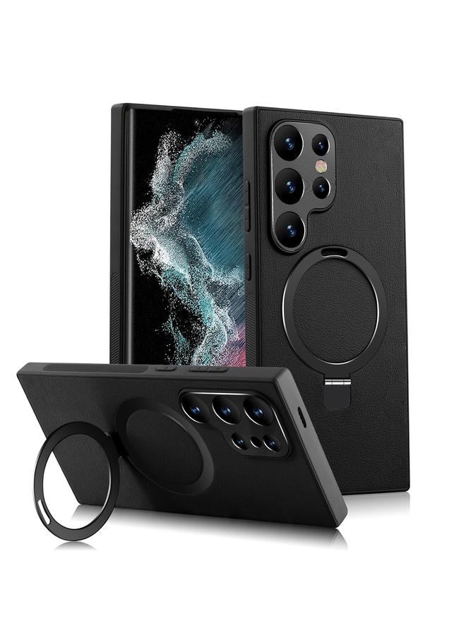 The Bros Case For Samsung Galaxy S22 Ultra 5G MagSafe Rotation Holder PC + Leather Phone Case