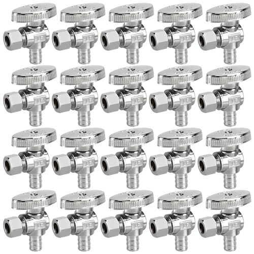 PXZBLG 20 Pack Stop Valves, 1/4 Turn Angle Valve, 3/8" OD Compression × 1/2" PEX Chrome Plated Brass for Faucet, Toilet Valves - Image 1