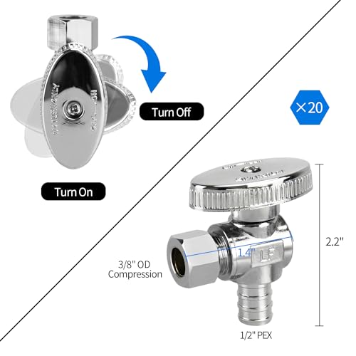 PXZBLG 20 Pack Stop Valves, 1/4 Turn Angle Valve, 3/8" OD Compression × 1/2" PEX Chrome Plated Brass for Faucet, Toilet Valves - Image 2