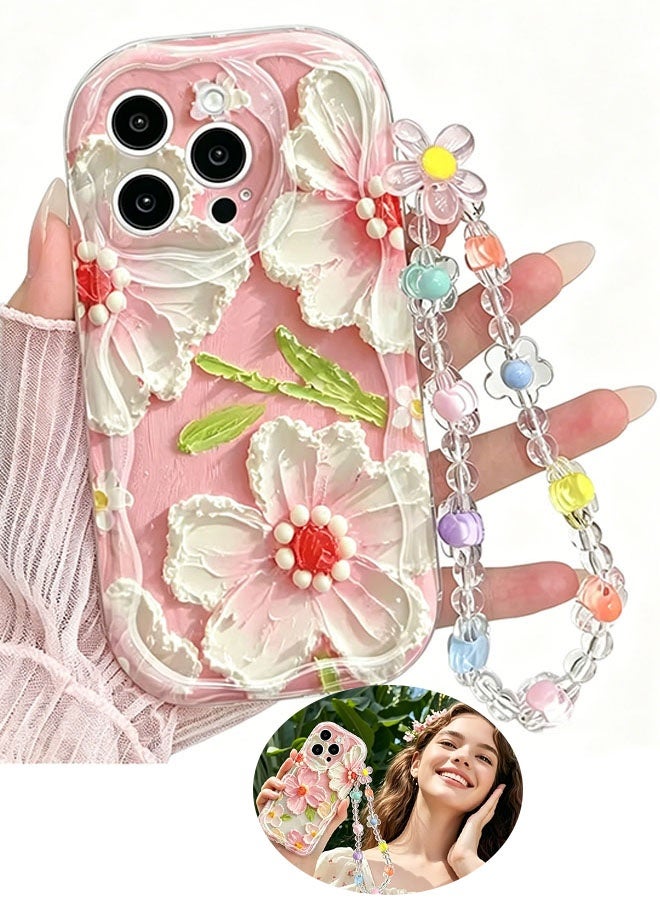 Happy D iPhone 16 Pro case, pink vintage oil painting floral laser glossy pattern, with a chain, cute phone case, stylish and durable TPU protective case, perfect for girls and women—pink, creative an
