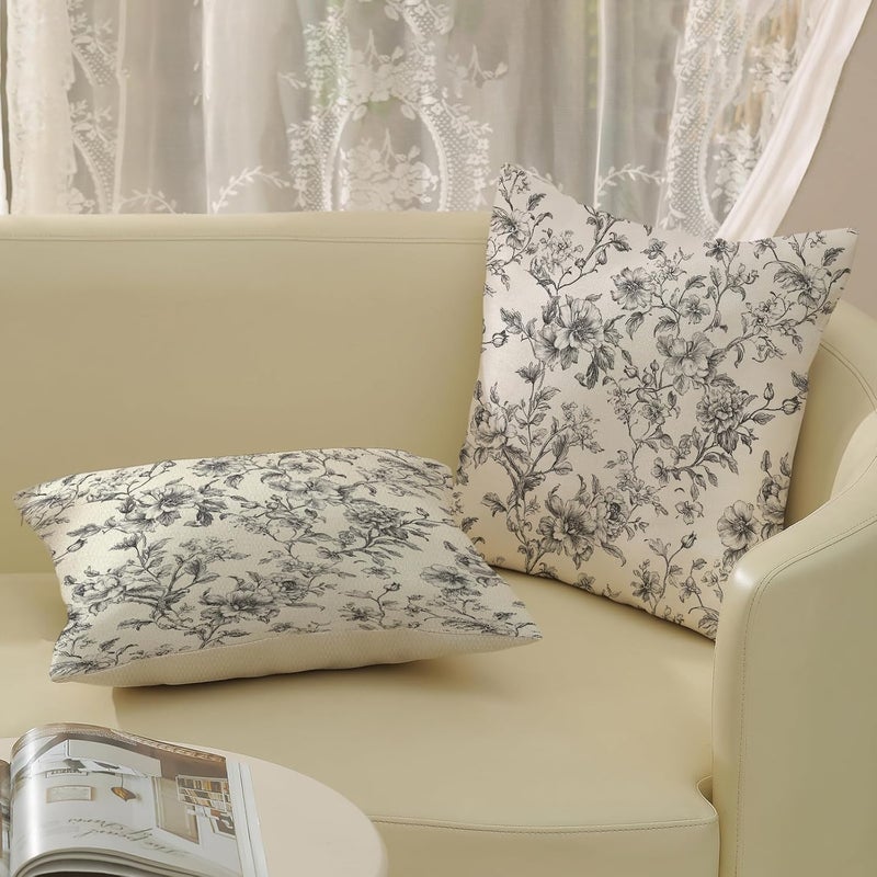 GOLIANDA Black and Cream Pillow Covers 16x16 Set of 2 Vintage Floral Chinoiserie Throw Pillows Rustic Toile Flower Decorative Pillow Cases Outdoor Chinoiserie Decor Linen Cushion Case for Couch Sofa - Image 5
